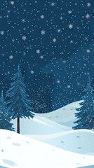 Obraz premium A Serene Winter Wonderland: Snowflakes Dance Against a Deep Blue Sky, Silhouetting Majestic Pine Trees in a Snowy Landscape.