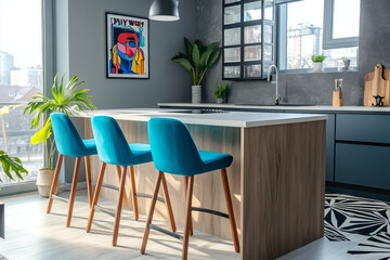 Modern kitchen with grey wall, blue and turquoise barstools, industrial storage cabinet, pop art poster, plants, and geometric black pattern carpet.