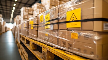A carefully loaded pallet with fragile items, each package adorned with bright yellow caution labels, standing in the middle of a logistics center