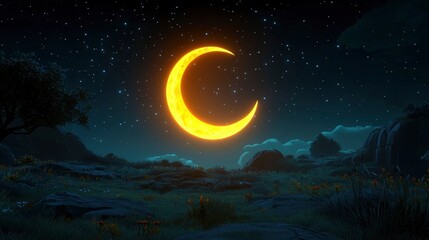 Crescent Moon Night Sky with Stars and Landscape