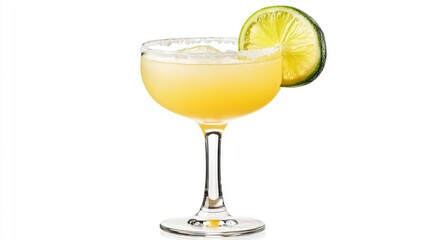 Close up view of cold margarita cocktails with pieces of lime on white background