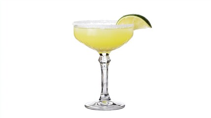 Close up view of cold margarita cocktails with pieces of lime on white background