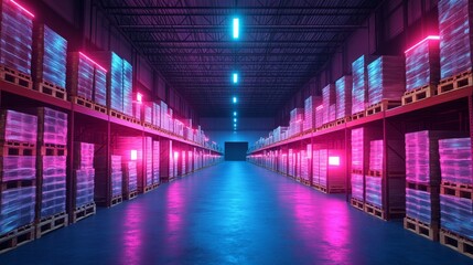 A cavernous warehouse with rows of pallets stacked to the ceiling, backlit by neon lights and augmented reality displays, Tech-infused, Neon style, High contrast.--style raw