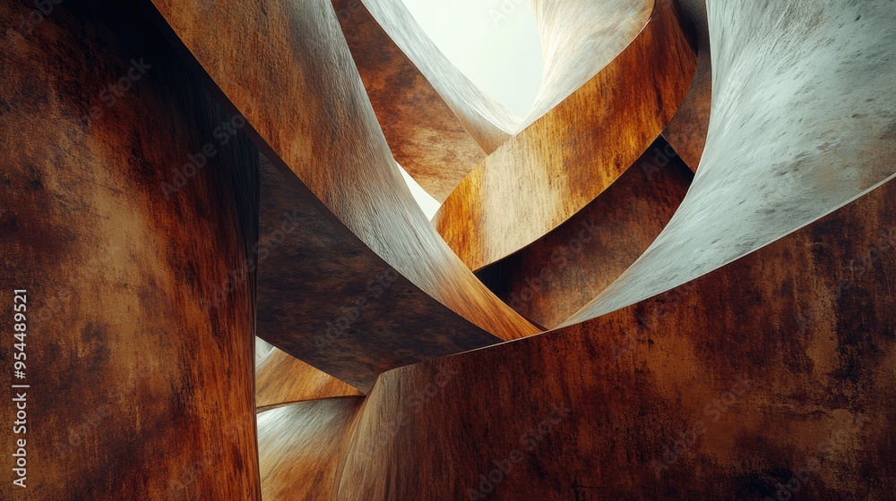 Poster 3d rendering of an abstract interior space featuring rusty metal sheets as part of the architectural