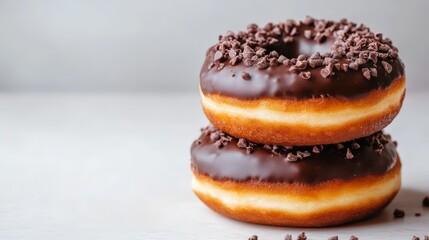 Delicious Chocolate Glazed Donuts with Sprinkles on Light Background.