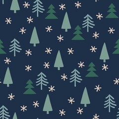 Hand drawn Christmas Tree And Snow Flake seamless pattern-navy