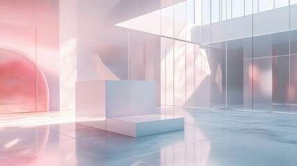 Obraz premium Abstract architectural interior featuring a white sculpture and a geometric gradient glass box in a 3D rendering