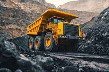 Open pit mine industry, big yellow mining truck for coal anthracite