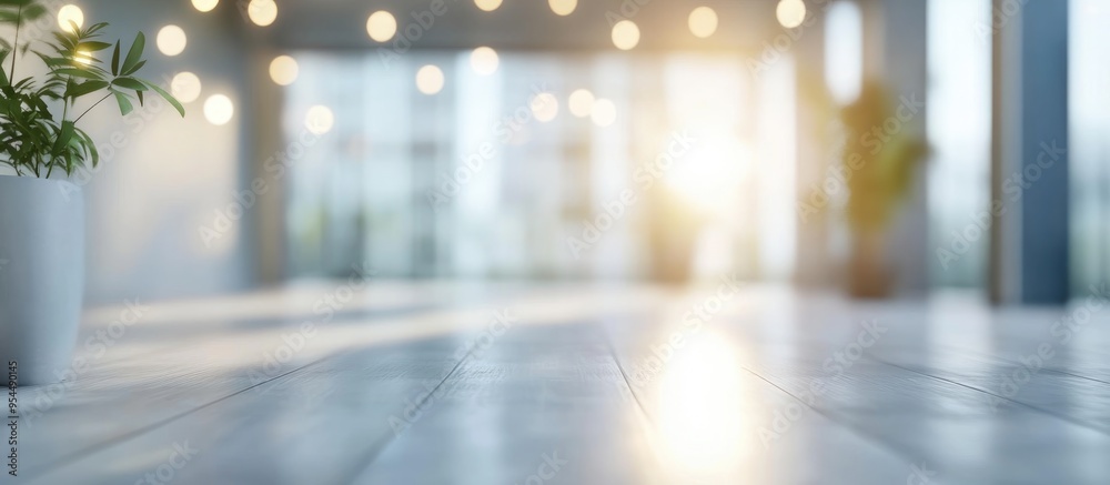Poster 3d rendering of a blurred empty office space with abstract light bokeh in the interior background