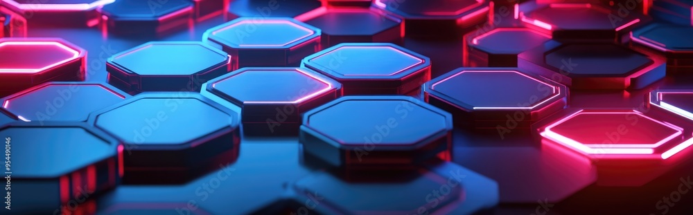 Poster futuristic hexagonal background with neon lighting in 3d rendering