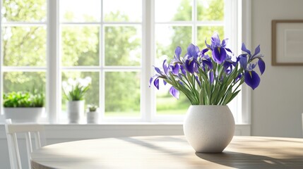 3D rendering of a vase containing beautiful irises on a dining table in an interior setting