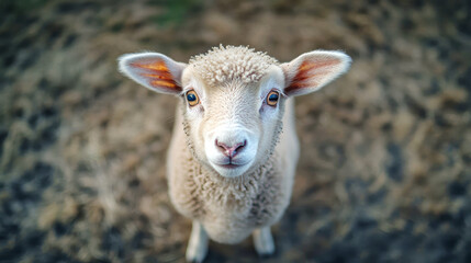 A curious lamb gazes playfully at the viewer, its expressive eyes and soft fur illuminated by the gentle morning light