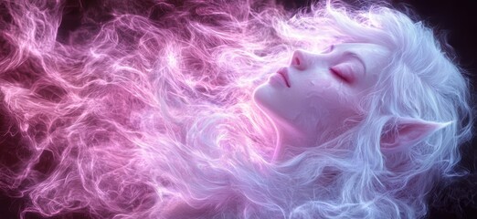 ethereal woman in swirling pink and blue smoke