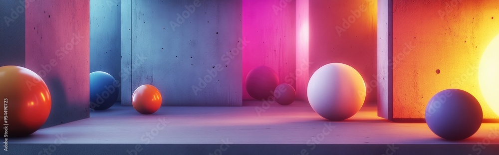Poster 3d rendering of an abstract architectural interior featuring smooth concrete surfaces and an array o