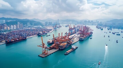 Aerial view of bustling international shipping ports with numerous cargo ships docked.
