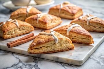 Cinnamon scones arranged on a modern marble countertop, sleek and minimalist composition emphasizing the clean lines and simplicity of the scene.