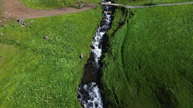Mulafossur waterfall in Gasadalur village, Vagar Island of the Faroe Islands, Denmark. 