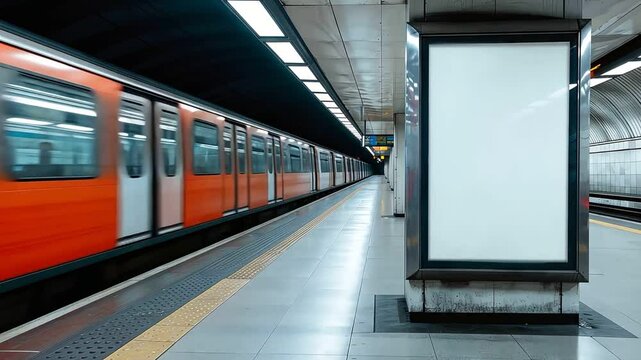 Subway scene, blank billboard, passing trains, commuters, urban advertising