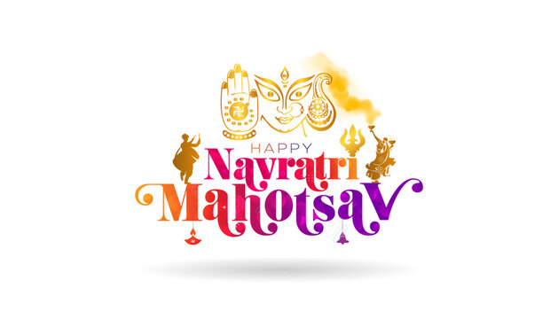 Navratri Festive logo on white background. Happy Navratri Mahotsav text with Goddess Durga. Vector illustration.