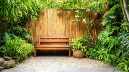 Obraz premium Wooden Bench in a Tropical Garden with Bamboo Wall