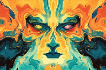 Abstract Swirling Face with Vivid Colors and Gold Accents