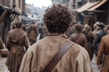 Fototapeta premium man with curly hair walking through crowded street