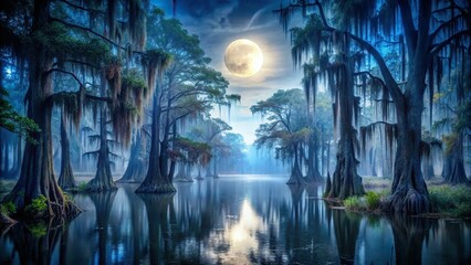 Mysterious, moonlit scene of a cypress swamp, trees reflected in still, dark water, eerie blue-gray atmosphere, Spanish moss hanging like a veil, a realistic photo image.