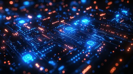 Fototapeta premium Abstract Circuit Board with Glowing Blue and Orange Lights