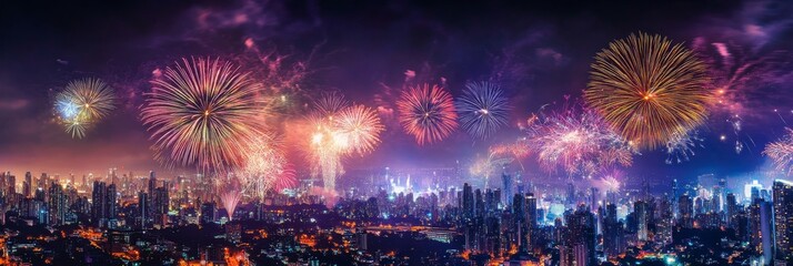 A dazzling display of colorful fireworks lights up the city skyline, illuminating the night with vibrant hues and providing a captivating view for all