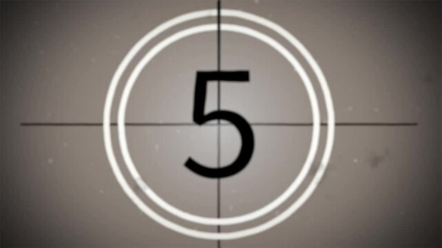 Old movie film countdown. Vintage defocus film look, flicker, grain, scratch effect. Text on background.