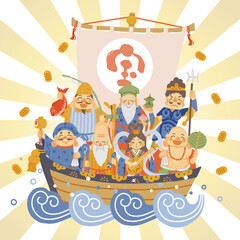 シンプルでかわいい七福神と宝船のイラスト