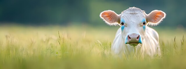 Fototapeta premium A tight shot of a cow in a lush field of tall grass, sporting a blue identification tag on its ear