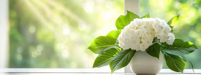  A vase, filled with white flowers, sits atop a windowsill Nearby stands a green, leafy tree