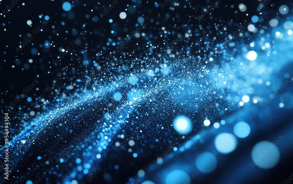 Poster winter storm depicted in a 3d cartoon rendering featuring abstract blue sparkles on a dark backgroun