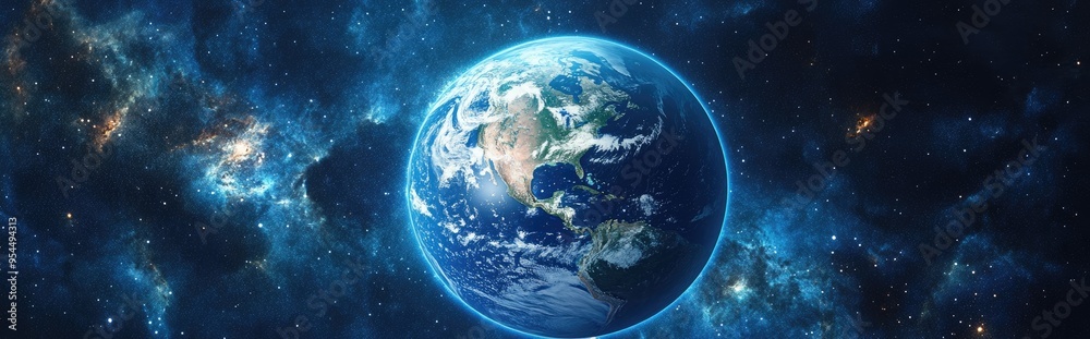Poster Sunrise view from space on Planet Earth depicted in a 3D cartoon rendering A detailed representation of the world in a star filled universe High quality 3D animation of a realistic globe