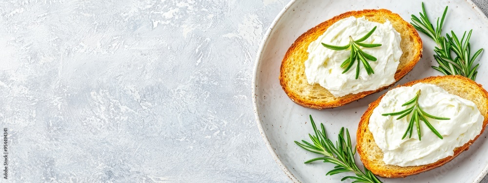 Wall mural a white plate holds two slices of bread spread with cream cheese topped are green rosemary sprigs