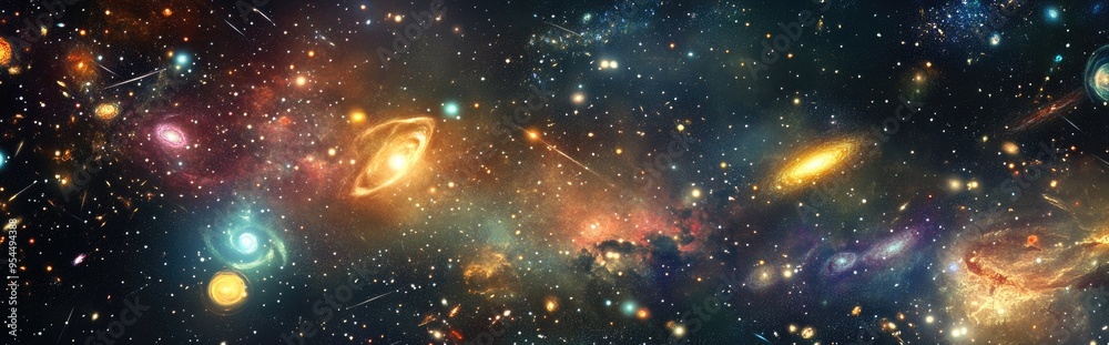 Poster cartoon style 3d visualization of a universe abundant with stars nebulae and galaxies
