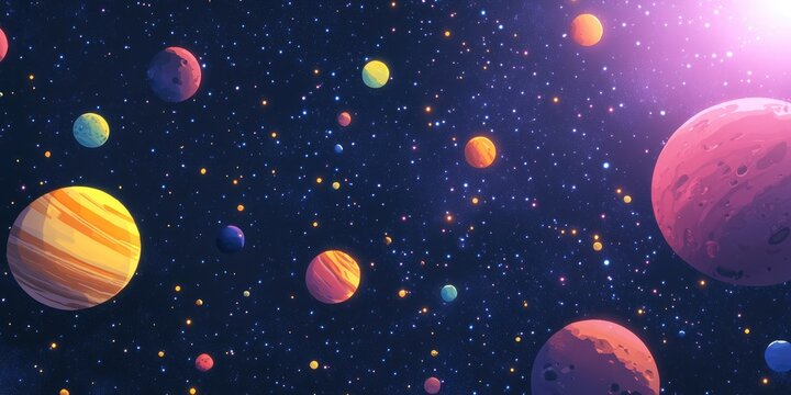 2D illustration featuring a 3D cartoon rendering set against an empty interstellar space background Bright stars twinkle alongside planets moons and comets creating various imaginative science fic