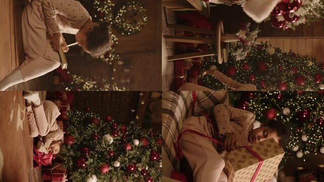 Split screen of young biracial girl awaiting for festive season writing letter and napping near Christmas tree while expecting Santa arrival. She looking for treats inside stocking and unboxing gift