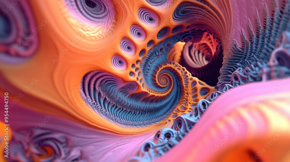 Poster Abstract fractal patterns and shapes in a 3D cartoon rendering Mysterious psychedelic relaxation pattern with dynamic flowing natural forms Sacred geometry featuring mystical spirals Vibrant color