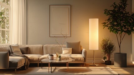 Fototapeta premium Floor Lamp: An elegant, tall lamp with a brass base and a cream-colored shade. It offers warm, diffused light, perfect for reading or adding a touch of coziness to the room. 