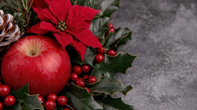 festive christmas arrangement with red poinsettia flower, apple, and holly