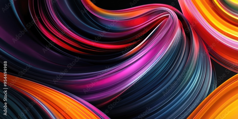 Aufkleber Colored abstract round curves and lines on a black background in a 3D cartoon rendering