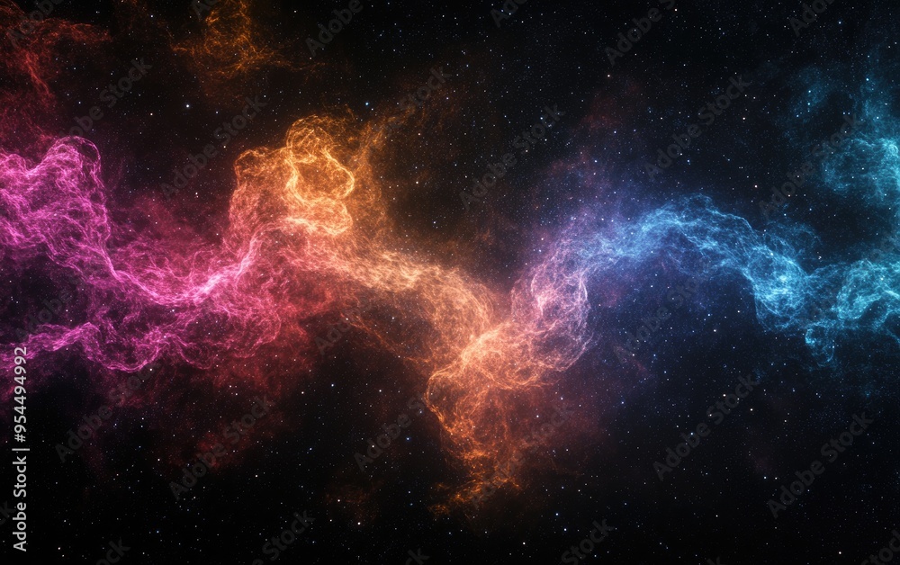Poster colorful fractal nebula dust on a black background in 3d cartoon rendering