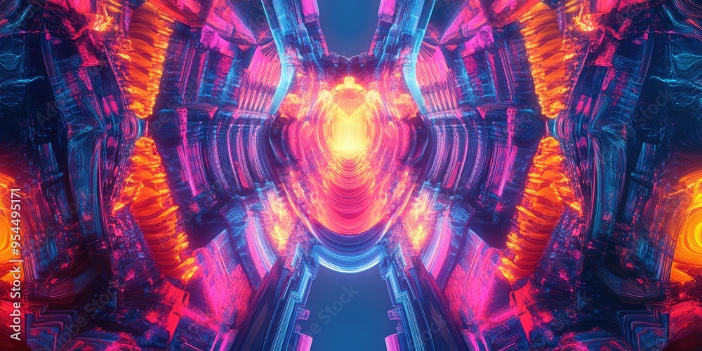 Aufkleber Abstract Background Image with 3D Cartoon Rendering featuring Graphic Illustration Artistic Resources Symmetrical Patterns and Glowing Neon Colors Colorful Repeating Patterns in Modern Fractal Digi