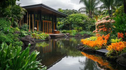 Tropical Garden Pond

tropical, pond, water, reflection, house, 