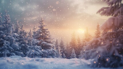 Enchanting winter dusk  frosty pines beneath a warm sunset sky evoking holiday magic