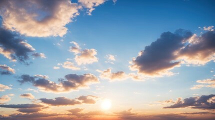 Fototapeta premium Serene sunset view with fluffy clouds and glowing golden hues 