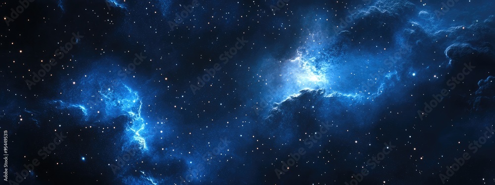 Poster Dark interstellar space depicted in a 3D cartoon rendering featuring a 2D illustration of stars within a deep space setting complemented by a blue cold nebula and a dark night sky