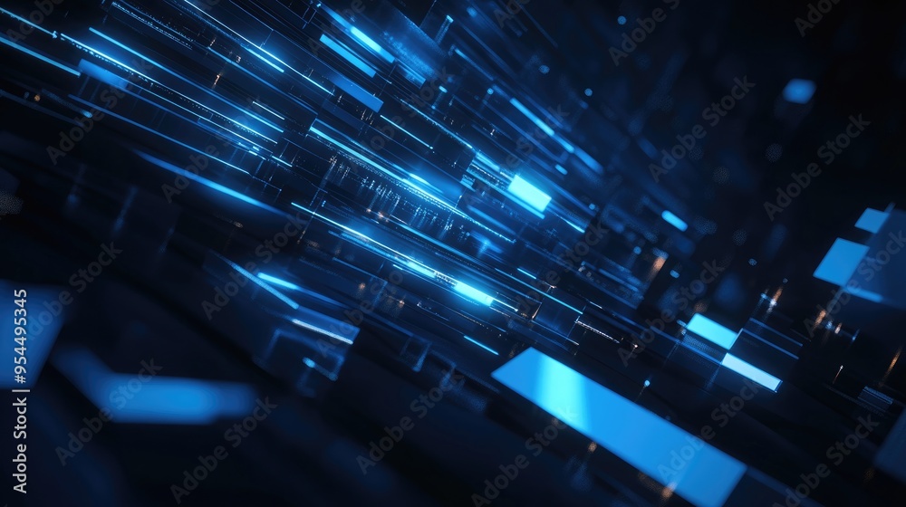 Poster Abstract dark blue futuristic background featuring ordered luminous rectangles and stripes in a 3D cartoon rendering